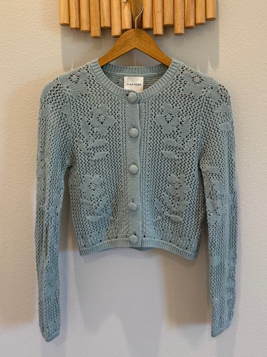 Pink Rose Sweaters - Pink Rose Light Blue Crochet Button-Front Cardigan